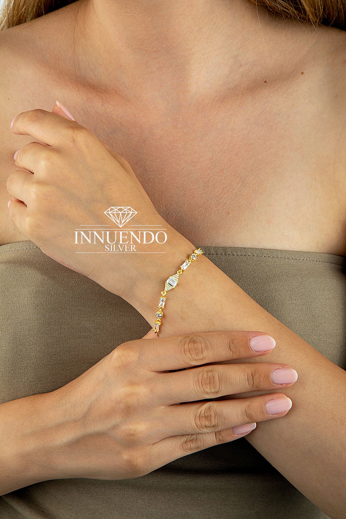 Altın Kaplama 925 Ayar Gümüş Geometrik Taşlı İnce Zincirli Bileklik