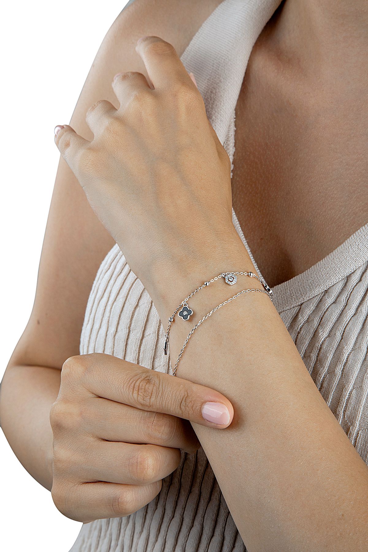 925 Ayar Gümüş Siyah Yonca Charm Bileklik