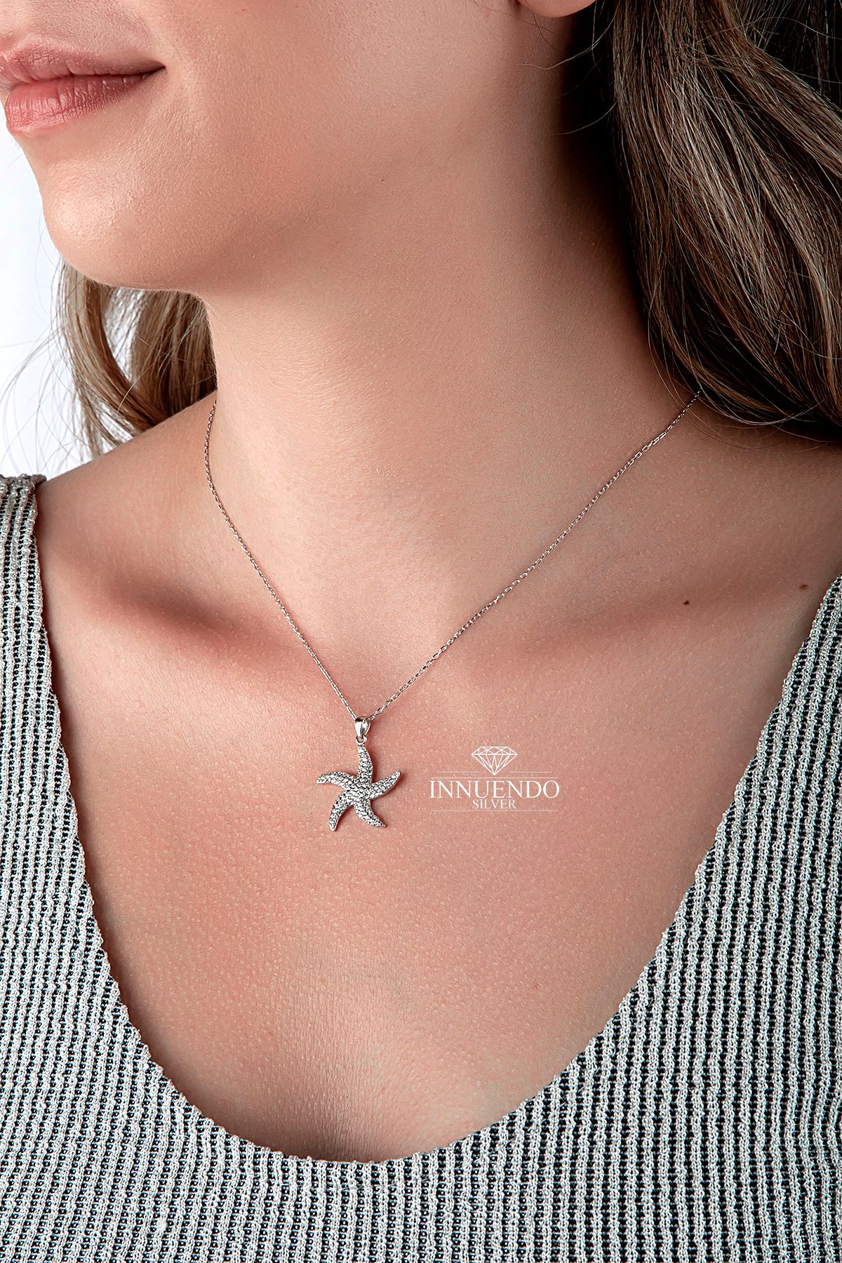 925 Ayar Gümüş Taşlı Deniz Yıldızı Motifli Kolye