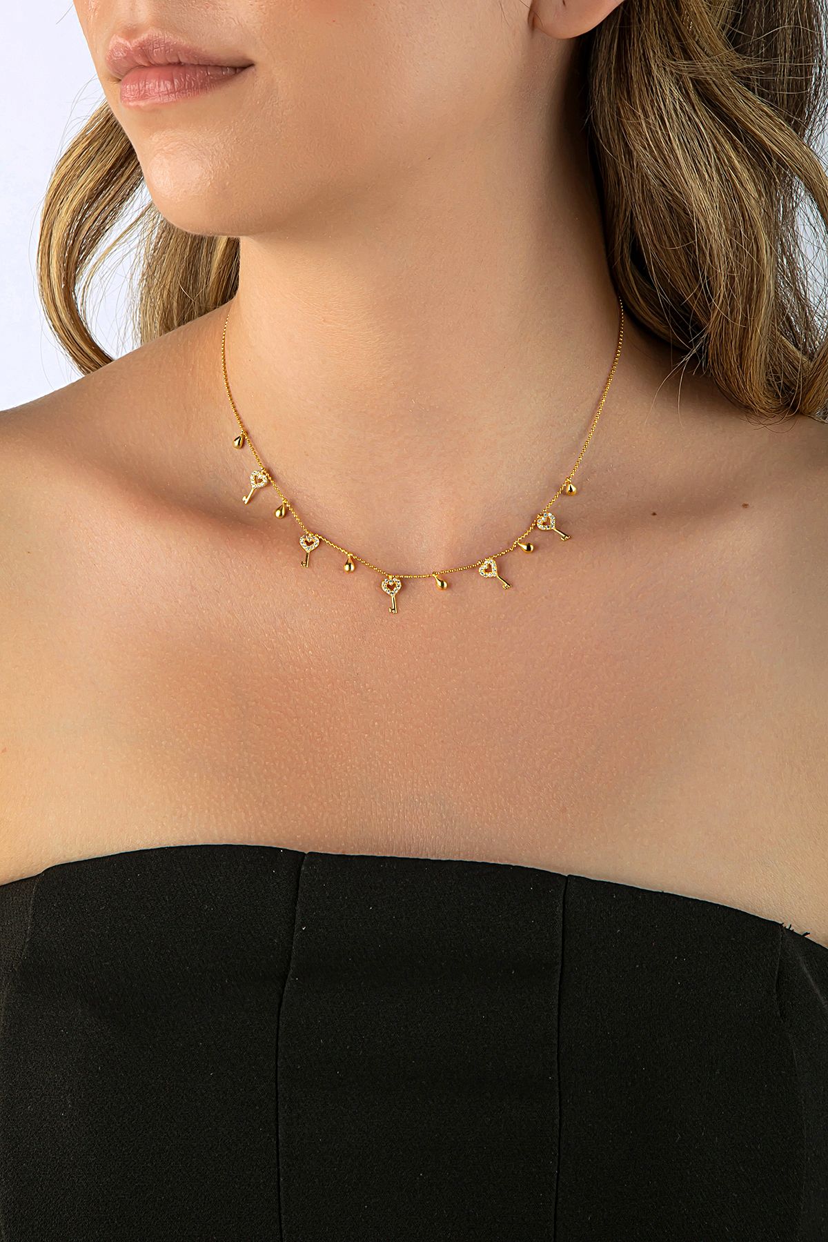 Altın Kaplama 925 Ayar Gümüş Anahtar ve Damla Motifli Şans Kolyesi